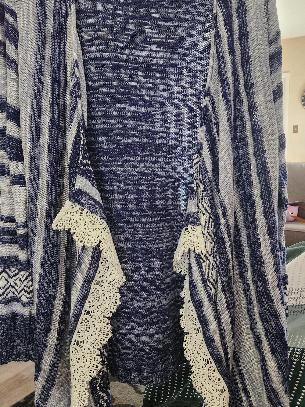 Wrangler Blue and White Striped Open-Front Cardigan with Lace Trim Sz Lrg